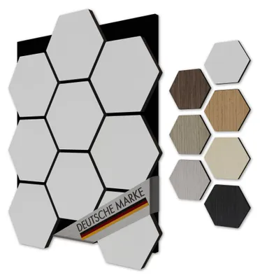 Produktbild von AKUSTIKO Hexagon 3D Wandpaneele 3 Stück 567x693mm - Filz Akustikpaneele & MDF Träger Technisches Furnier Holzoptik Waben Wandverkleidung & Wanddekoration Büro Akustik verbessern (White)
