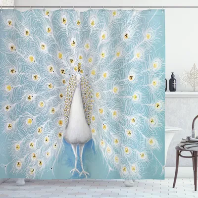 Immagine prodotto di ABAKUHAUS Tenda da doccia con motivo pavone, motivo pavone sulla parete, stile naturale e colorato, stampa grafica elaborata, 175 x 200 cm, giallo e azzurro