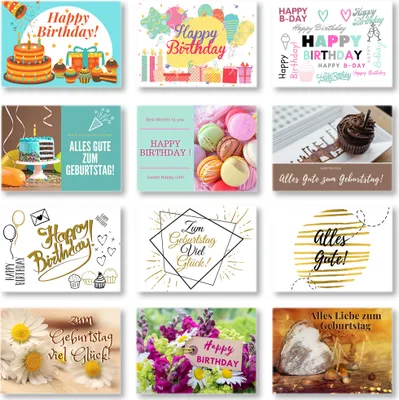 Produktbild von Domelo Geburtstagskarten 12er Set mit Umschlag, Happy Birthday Postkarten, Kraftpapier Karten zum Geburtstag, Geburtstagskarte für Mann/ Frau/ Kinder, Postkarte als Grußkarten, Glückwunschkarten