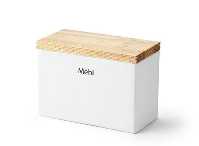 A white storage container with a wooden lid, labeled 'Mehl'.