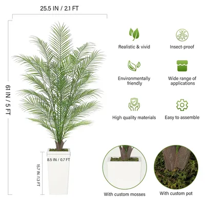 Image de Palmier Areca artificiel - Plante en plastique dans un pot blanc de grande taille - 150 cm - Plante d'intérieur pour décorer les salons et les bureaux - Vert