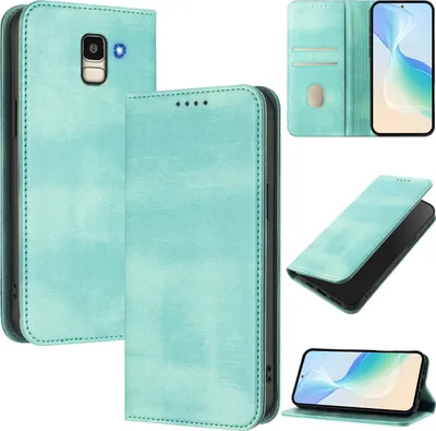 Produktbild von Handyhülle für Samsung Galaxy J6 2018, Vintage Leder RFID Schutz Kartenfach Standfunktion Magnetische Klapphülle Türkis