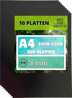 Produktbild von 10 x A4 Schwarz HDF Platten | 300 x 210 x 3 mm | Dünne Holz-platten | Perfekt für Laser, CNC Router, Modellierung, Durchbrochenes, Laubsäge | A004-017-CZ