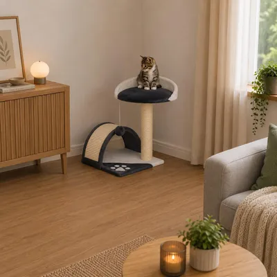 Produktbild von belviona Katzenkratzbaum, platzsparender Kratzbaum mit Sisal-Kratzflächen, Spielzeug & Ruheplattform, grau/weiß
