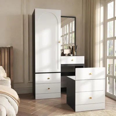 Produktbild von Merax Schminkschrank Kleiderschrank aus MDF mit Make-up Tisch Kombination, Kompaktgarderobe mit Spiegel und ausziehbarer Hocker,Stauraum, Weiß
