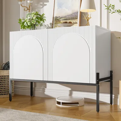 Produktbild von MODFU Beistellschrank mit Bogendesign,100×40×75cm,Wohnzimmerschränke mit 2 Türen und Metallbeinen,Sideboard,Weiß