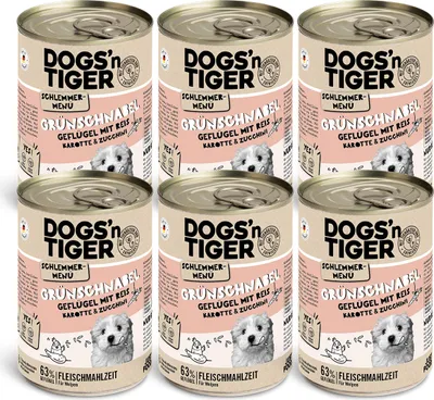 Produktbild von Dogs’n Tiger Junior, Hundefutter, Grünschnabel, Hunde Nassfutter, Welpen Futter, Geflügel, Getreidefrei, Naturreis, Karotte & Zucchini, 6x400g