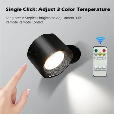 A hand is shown touching a black wall lamp, with a remote control and text overlays describing its features.