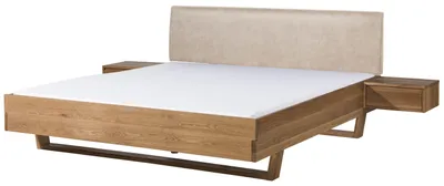 Produktbild von MASSIVMOEBEL24.DE Bett mit Nachttischen Eiche 180x200x85 natur geölt, Kopfteil beige FICHTELBERG #135