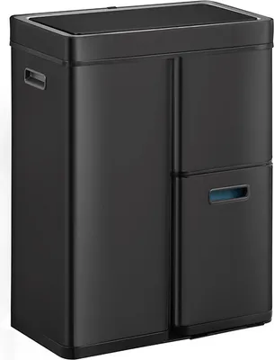 A black, modern-looking recycling bin with multiple compartments.