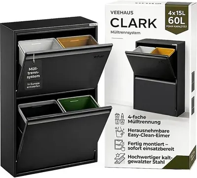 Imagen del producto de Sistema de separación de residuos para la cocina, armario de metal para basura, con 4 compartimentos abatibles, capacidad de 15 litros cada uno