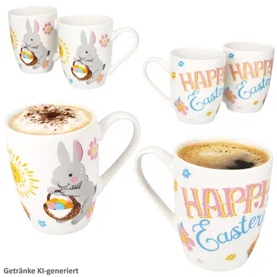 Obrázek produktu pro Sada 6 kusů velikonočních hrníčků na kávu, 250 ml, porcelán, velikonoční motivy, zajíčci, květiny, barevné