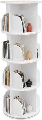 Image de Étagère rotative, 4 niveaux, blanche, pivotante à 360 degrés, idéale pour le bureau, décorative pour la maison, étagère à livres