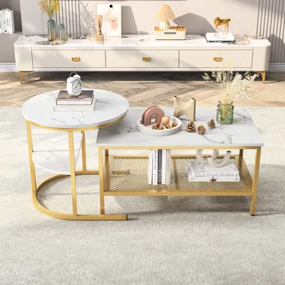 Image de Table basse gigogne rectangulaire et ronde en marbre blanc avec structure en métal doré, design moderne et élégant