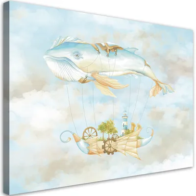 Produktbild von Leinwandbild Fliegender Wal und Schiff 120x80 Feeby Blau bild für die wand bereit zum aufhängen