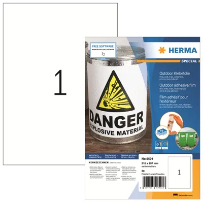 Obrázok produktu pre HERMA 9501, Biela, Obdĺžnik, Permanentný, A4, Polyolefine, Matte