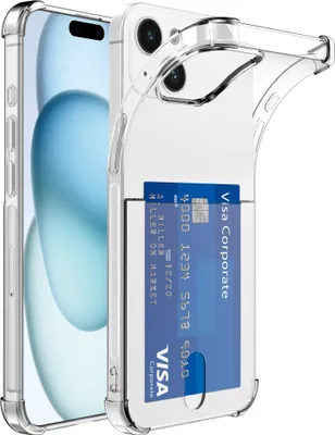 A transparent phone case with a card slot is shown on a phone.