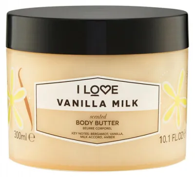 Obrázek produktu pro I LOVE Vanilla Milk, Máslo, Hydratující, Vyživující, Vyhlazující, Změkčující, 300 ml, Kokosová, Bambucké máslo