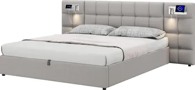 Produktbild von Polsterbett mit LED-Beleuchtung, Wireless Charger und Stauraum, extra breites Kopfteil mit Spots, Type-C und USB Anschlüssen, 180x200 cm, Stauraumbett