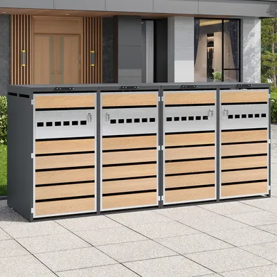 Produktbild von Mülltonnenbox mit Klappdeckel & vier Türen, horizontale Holzmaserungsblöcke, abschließbarer Geräteschrank für Garten