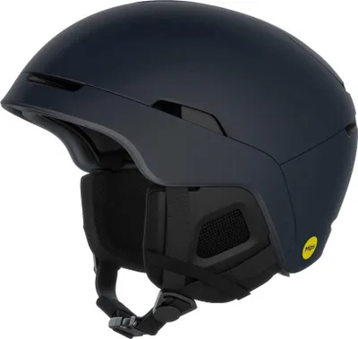 A dark blue ski helmet is shown from a three-quarter angle against a white background.