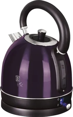A purple electric kettle on a black base.