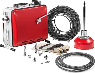 Produktbild von Elektrische Rohrreinigungsmaschine - Abflussreiniger - Leistung 390 W & 1400 U/min - Spiralen 12 m Ø16 mm + 8 m Ø9,5 mm - Feder 4,5 m x 16 mm - Schneidköpfe x6 - Rohre 50–110 mm