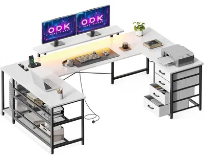 Immagine prodotto di Scrivania angolare ODK con cassetti, prese, USB, LED, supporto per monitor 167×102 cm