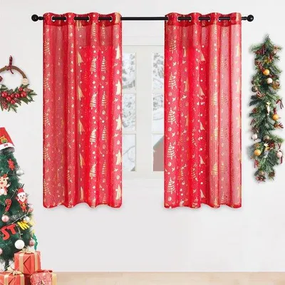 Productafbeelding van Unyqoos® Kerstgordijnen, set van 2 – licht doorschijnende keuken gordijnen, kerstelijk rood met linnenlook, met oogjes, 145 x 140 cm