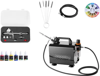 Produktbild von SucceBuy Airbrush-Set 1/6 PS mit Luftkompressor, Dual-Action Airbrush-Pistole mit 3 Düsen (0,2/0,3/0,5 mm), Schlauch und Acrylfarbe – ideal für Kuchendekoration, Modellmalerei und Nagelkunst, leise im Betrieb