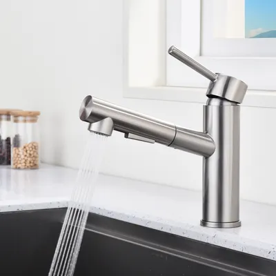 Produktbild von Homelody, Küchenarmatur, ausziehbar mit Brause, 2 Strahlarten, gebürstet, Messing, 35mm Durchmesser, nicht für Niederdruck, wassersparend, blei- & nickelfrei.