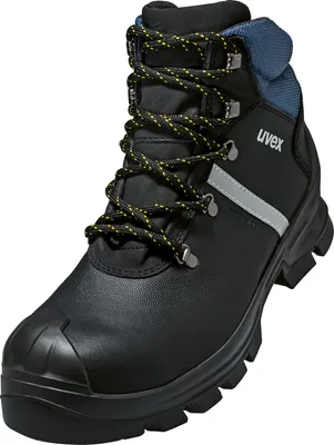 A single black and blue work boot with yellow laces is shown against a white background.