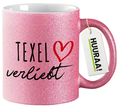 Produktbild von Huuraa Glitzertasse Texel verliebt 330ml Pink Keramik Kaffeebecher Geschenkidee