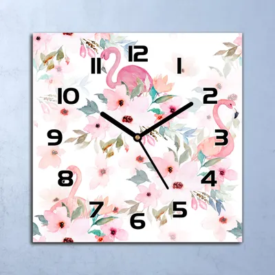 Produktbild von Wanduhr Echt-Glas-Küchenuhr Flamingo und Blumen Quarz 30x30 Deko Bilder