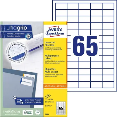 Obrázek produktu pro Avery 3666, Bílá, Obdélník, Permanentní, 38 x 21.2 mm, A4, Papír