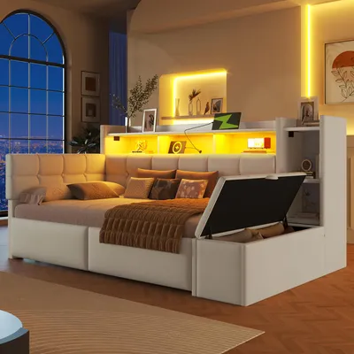 A modern bedroom with a modular daybed, featuring integrated lighting and storage.