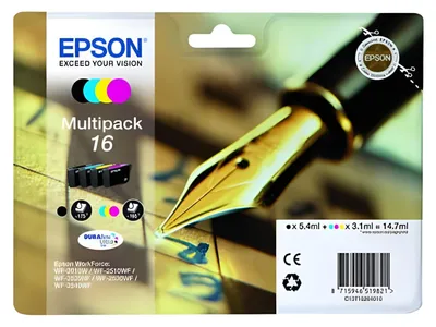 Produktbild von Epson 16 Multipack - 4er-Pack - Schwarz, Gelb, Cyan, Magenta - original - Blister mit RF- / akustischem Alarmsignal - Tintenpatrone - für WorkForce WF-2010, 2510, 2520, 2530, 2540, 2630, 2650, 2660, 2750, 2760