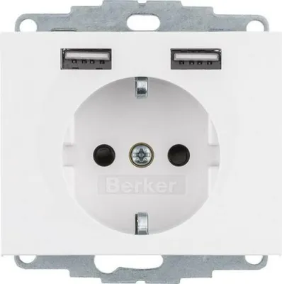 Produktbild von Berker 48037009, 2 x Type F + 2 x USB A, USB 2.0, Weiß, Thermoplast, IP20, 250 V