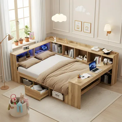 Immagine prodotto di Letto per bambini Merax 140x200 cm con LED e USB, letto in legno con scrivania, letto contenitore a forma di L, divano letto con ripiani e cassetti, naturale