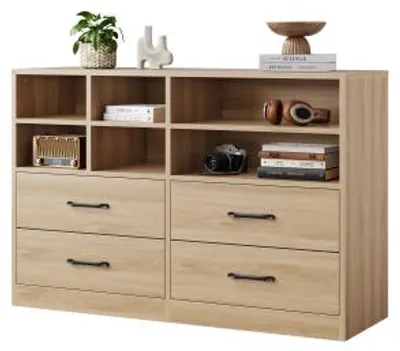 Obrázok produktu pre Komoda s zásuvkami, bočná skrinka, univerzálna, priestranná. Materiál: drevotrieska (MDF/DTD), masívne prírodné drevo / bambus. Farba: prírodný dub