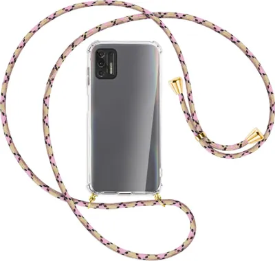 Produktbild von Handykette Backcover-Schutzhülle mit Band (Metall goldfarben) für Motorola Moto G Pro 2021 - rosa Karo