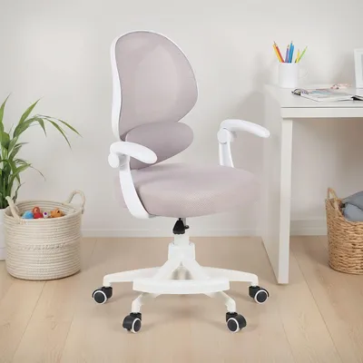 Produktbild von Schreibtischstuhl ISLA mit Fußstütze, Grau – ergonomischer Schreibtischstuhl für Kinder und Jugendliche, höhenverstellbar, drehbar mit Lendenstütze,  atmungsaktiver Netzrücken, Armlehnen