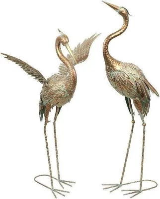 Produktbild von Gartendekoration für den Außenbereich, Metallfiguren Reiher und Kranich für Teiche, 2er-Set, 66/63 cm hoch, rostfarbene Kraniche, dekorative Figuren für Fischteiche, Geschenk für Frauen (Bronze)