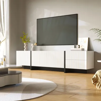 Image de Meuble TV de 190 cm avec 3 portes et 2 tiroirs, meuble bas robuste équipé de charnières amortissantes, blanc et noir, montage facile pour le salon