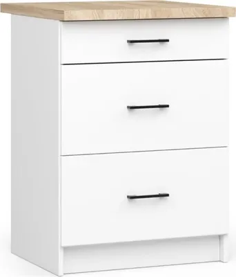 A white cabinet with a wood-tone top and three drawers with black handles, shown from the front.
