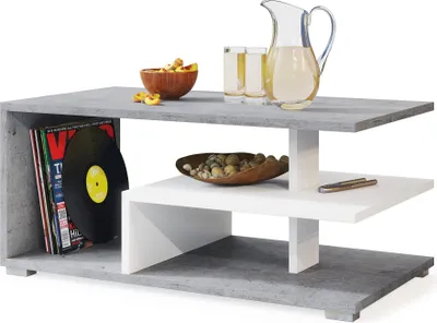 Produktbild von All4All Couchtisch Logo , kleiner Kaffeetisch , Wohnzimmertisch , Sofatisch mit Ablagen , Sofatisch , 90x50cm , 05 , Betonoptik Millenium + Weiß