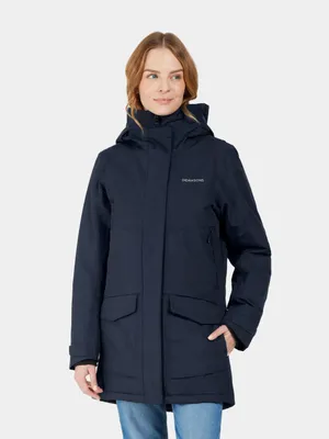 A woman wearing a dark blue parka.
