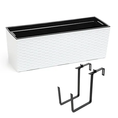 Produktbild von Balkonkasten Pflanzkasten Blumenkasten Wasserspeicher Rattan Weiss Kunststoff Geländerkasten flexible Metallhalterung pulverbeschichtet 56 x 18,5 x 19,5 cm