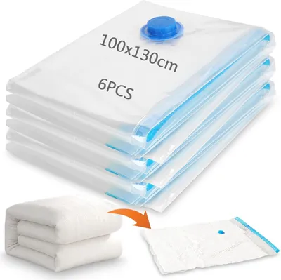 Obrázok produktu pre Vakuové úložné vaky 130 x 100 cm, 6 kusov, na oblečenie, hrubé, priehľadné, opakovane použiteľné