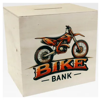 Produktbild von Motocross-Motorrad Spardose aus Holz mit Aufschrift
